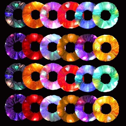 24 Pcs Light Up Scrunchies, LED Scrunchies Hair Bands, Neon Scrunchies Elastic Glow in the Dark Srunchies Rave Accessories for Women Girls Birthday Gift Party Favors Halloween Christmas New Year