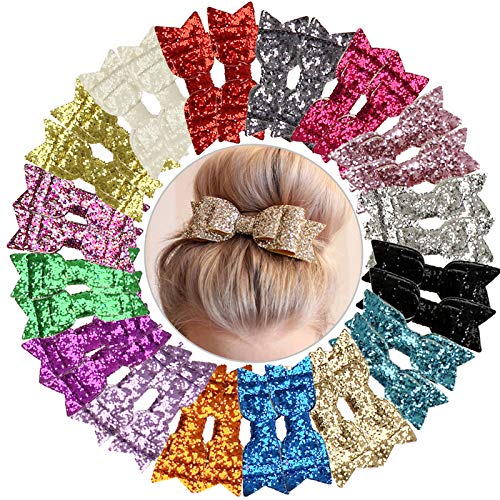 YOPAY 32 Pack 3.5 inch Glitter Hair Bows, 16 Colors Kids Girls Pigtail Bows Clips Barrettes with Alligator Clips, Sparkly Sequin Hair Clips for Girls Kids Teens