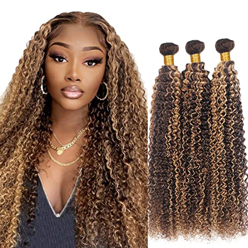 4/27 Brown Bundles Highlight Brzilian Curly Wave Bundle Grade 8A Unprocessed Virgin Hair Human Hair 3 Bundles Curly Wave Hair Bundle Hair Weave Bundle 18 20 22 Inch