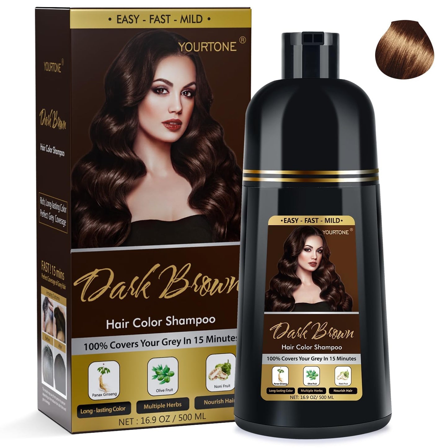 YOURTONE Hair Dye Shampoo Dark Brown 3 in 1 Natural Hair Dye Semi-Permanent Hair Color Shampoo for Men & Women in Minutes Long Lasting Safe & Easy to Use(500 ML)
