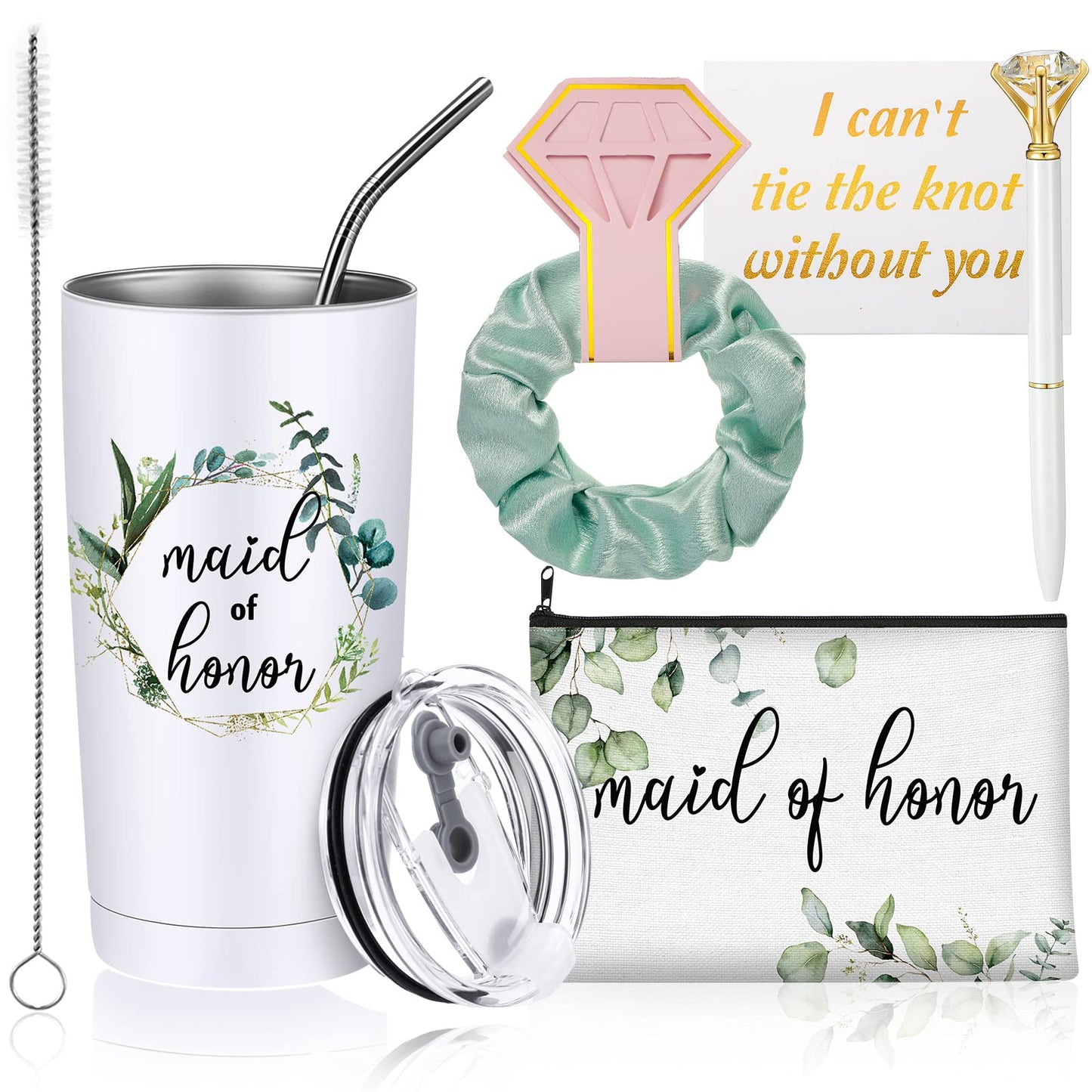 5 Pcs Wedding Proposal Gift Set Including 20 oz Tumbler Bachelorette Makeup Bag Hair Scrunchies Hair Ties Card Crystal Diamond Ballpoint Pen for Bridal Shower Wedding Party (Maid of Honor)