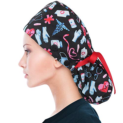 ABAMERICA Ponytail Scrub Caps for Women Surgical Caps Nurse Hat with Functional Ponytail Holder for Long Hair, Single or Satin-Lined