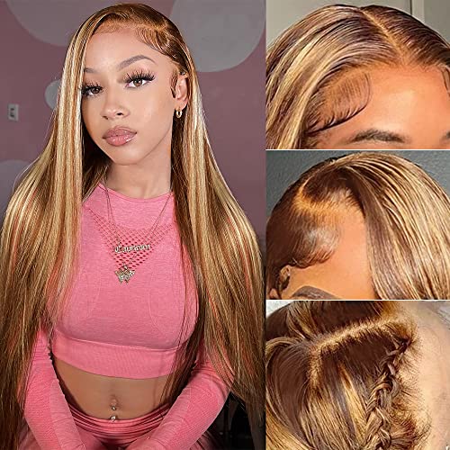 XZZ Ombre Highlight Lace Front Wig Human Hair 13x4 Transparent HD Lace Front Wigs Pre Plucked With Baby Hair Honey Blonde 4/27 Color Straight Lace Front Wigs 150% Density Glueless Frontal Wig 14 Inch