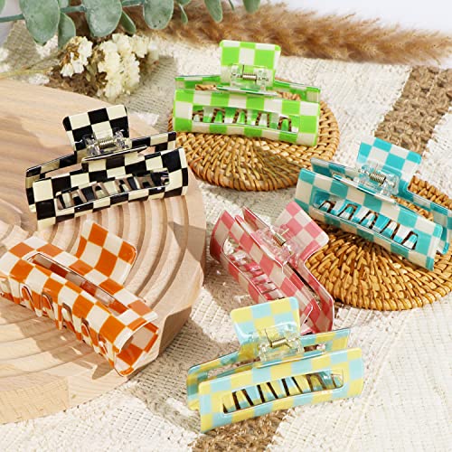 6 Pack Checkered Hair Claw Clips,3.1", Multicolored Square Medium Hair Clips, Non-Slip Claw Clips Hair Styling Accessories with Strong Hold for Women Girls Long Short Thin Hair