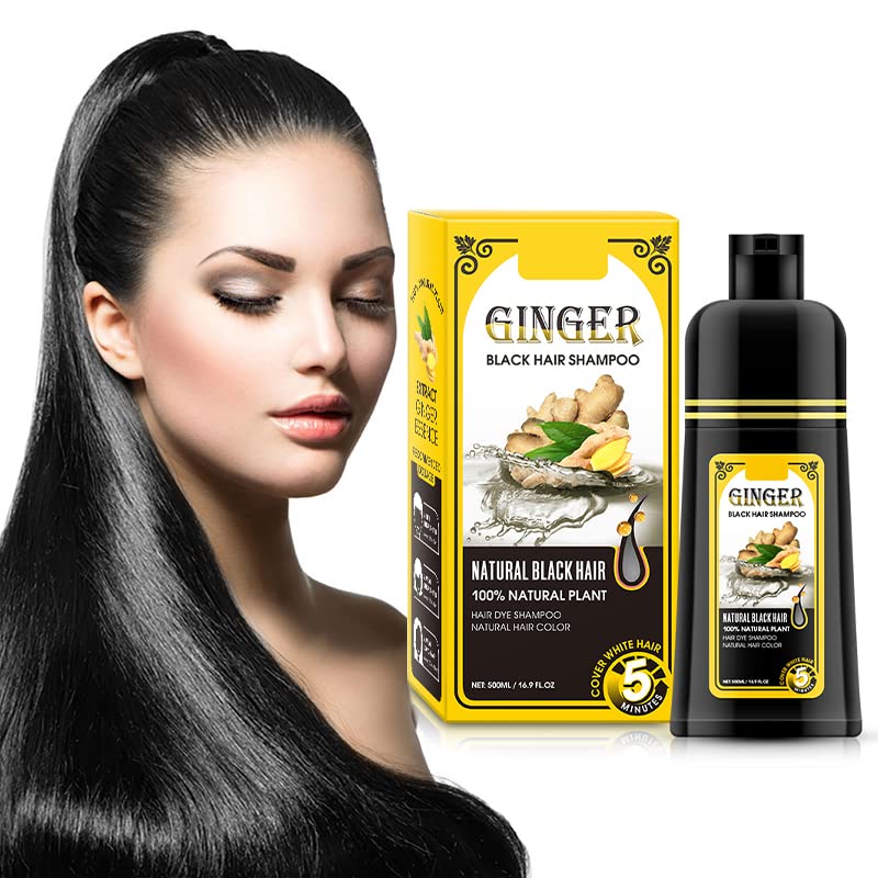 500ml Ginger Black Hair Shampoo, Ginger Shampoo Fast Black Hair Hair Color Dye Nourishing Shampoo, 2-in-1 Semi Permanent Shampoo Last 30 days,5 Minutes Finsh