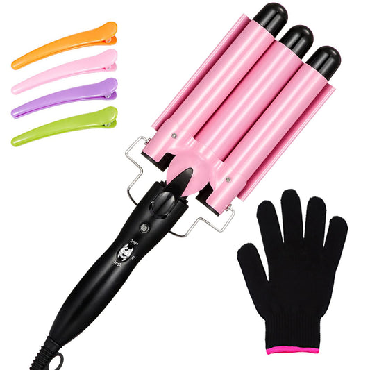 3 Barrel Curling Iron Wand Three Barrel Hair Waver Iron Hair Crimper Barrels with 4 Pieces Hair Clips and Heat Resistant Glove, Curling Waver Iron Heating Styling Tools (Pink)