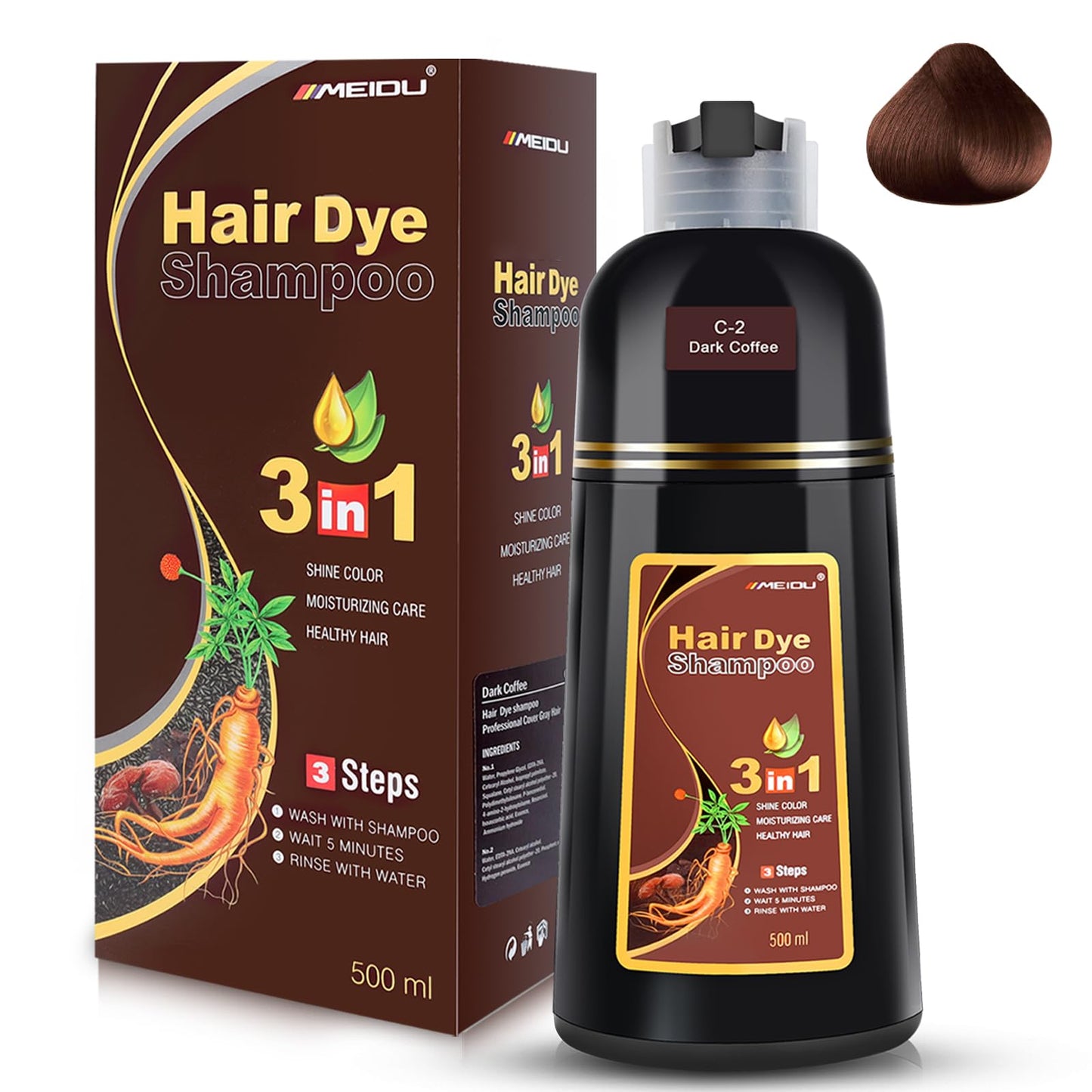 YOURTONE MEIDU Dark Brown Hair Dye Shampoo Instant Hair Color Shampoo - Hair Dye Shampoo 3 In 1 For Gray Hair Coverage Herbal Ingredients For Women & Men 500ml