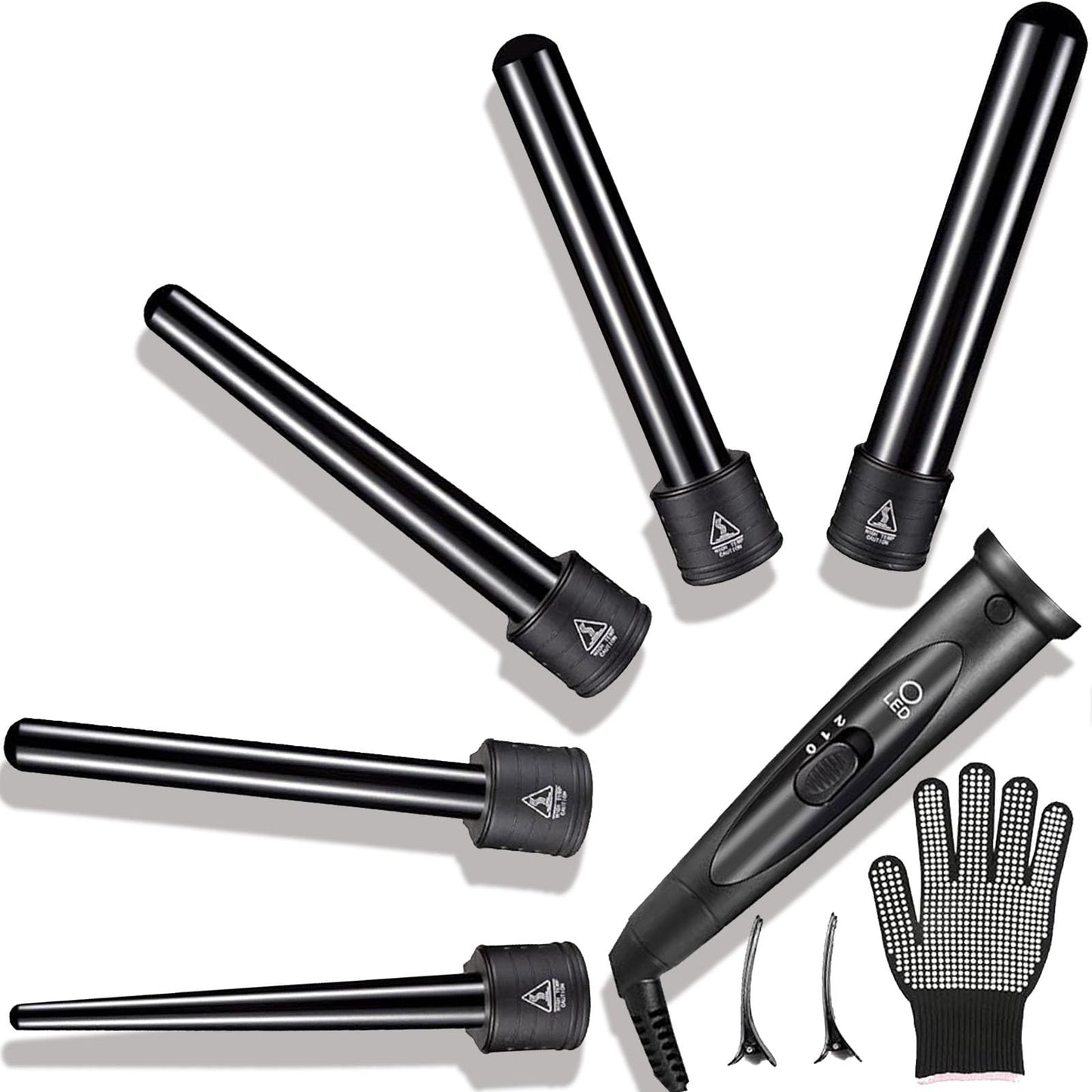 5-in-1 Curling Wand Set - Curling Iron Interchangeable Ceramic Barrels (0.35-1.25 Inch) - Fast Heating Hair Curler Kit with Protective Glove & 2 Clips - Ceramic Coated for Damage-Free Styling.