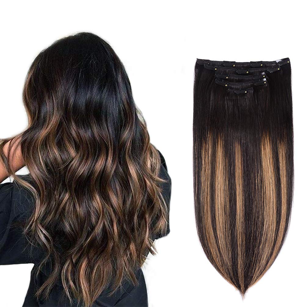 5 Pieces 20" Remy Clip in Hair Extensions Human Hair Natural Black to Chestnut Brown Highlight Ombre - Silky Straight Short Thick Real Hair Extensions for Women (20 inches, (1BT6) P1B, 100grams)