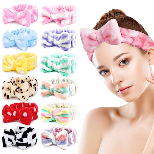 12pcs Spa Headbands, Coral Fleece Makeup Headband Cosmetic Headband, Lovely Face Washing Headband Shower Headbands Headwraps, Soft Bowknot Spa Hair Band Spa Birthday Party Supplies for Girls Women