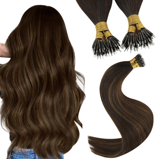 YoungSee Nano Ring Hair Extensions Brown Balayage,Nano Real Human Hair Extensions Balayage Darkest Brown Mix with Medium Brown Nano Tip Extensions Human Hair 20Inch 1g/s 50g Nano Loop Hair Extensions