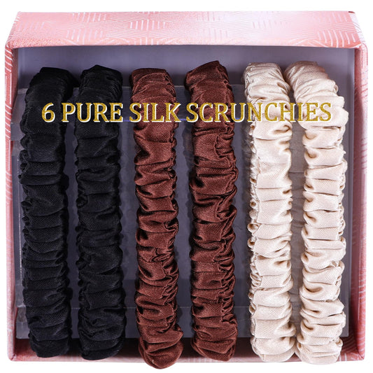 6PCS 100% Silk Hair Ties With Silk Scrunchies for Women Girls Curly Thick Thin Hair .Women's Black Cute Satin Sleepy Bulk Hair Tie Small Large Scrunchie Sleep