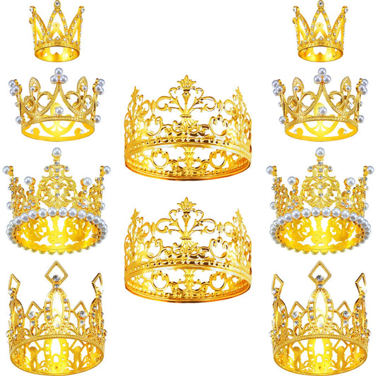 10 Pieces Crown Cake Topper Birthday Mini Crown Pearl Crystal Tiara Vintage Small Crowns Metal Crown Decorations for Boys Girls Wedding Birthday Baby Shower Party, 5 Styles (Gold)